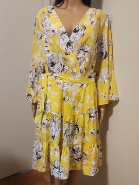Eliza J Yellow Floral Wrap-Style Midi Dress